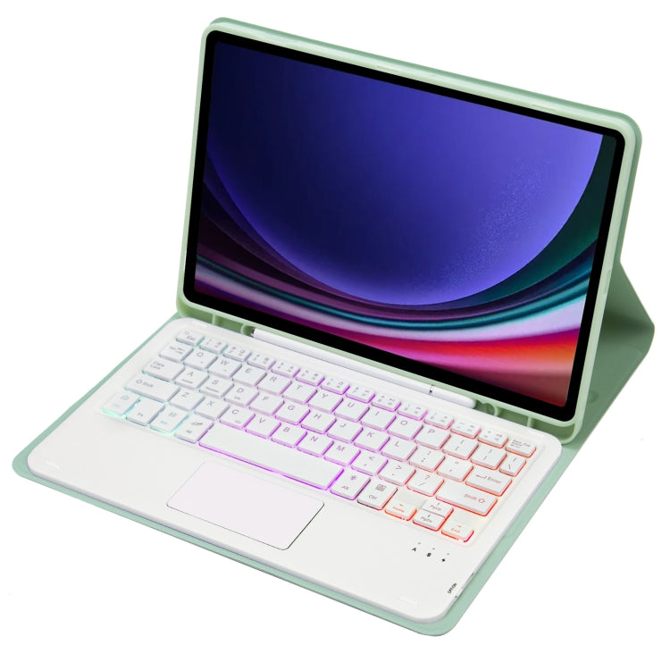 For Samsung Galaxy Tab S9 FE / 10 FE Candy Color Touch Backlight Bluetooth Keyboard Leather Tablet Case with Pen Holder(Light Green)