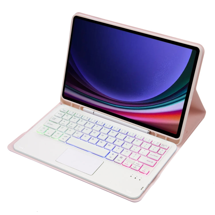 For Samsung Galaxy Tab S9 FE Candy Color Touch Backlight Bluetooth Keyboard Leather Tablet Case with Pen Holder(Pink)