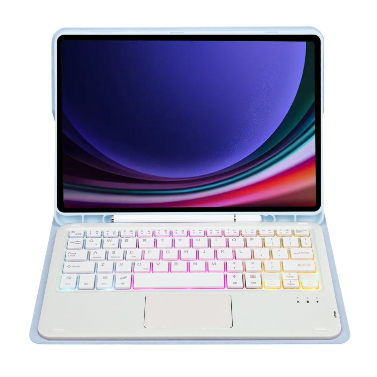 For Samsung Galaxy Tab S9 FE Candy Color Touch Backlight Bluetooth Keyboard Leather Tablet Case with Pen Holder(Ice Blue)