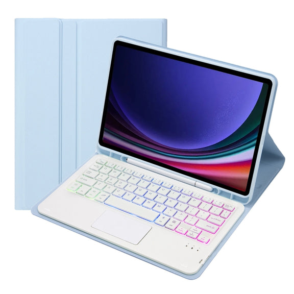 For Samsung Galaxy Tab S9 FE Candy Color Touch Backlight Bluetooth Keyboard Leather Tablet Case with Pen Holder(Ice Blue)