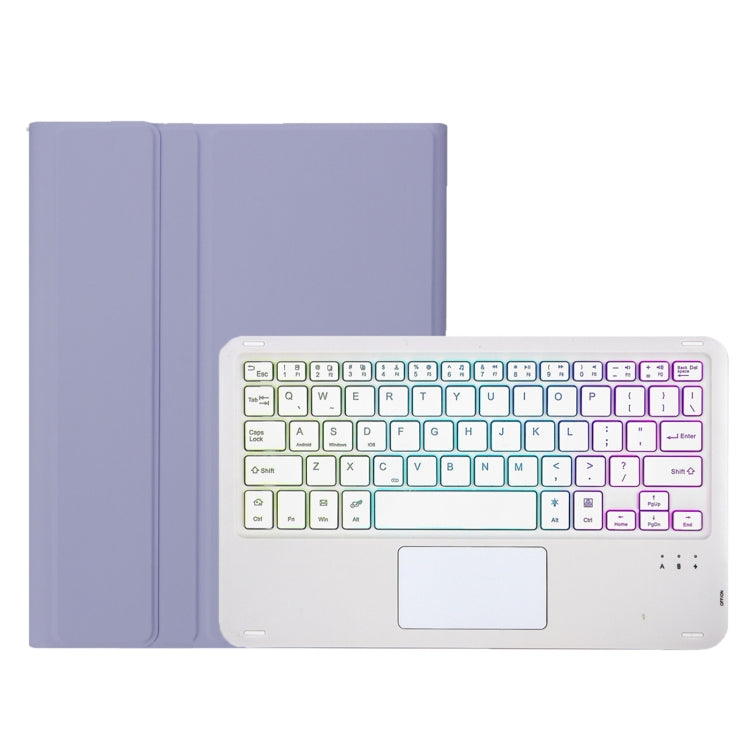 For Samsung Galaxy Tab S9 FE Candy Color Touch Backlight Bluetooth Keyboard Leather Tablet Case with Pen Holder(Purple)