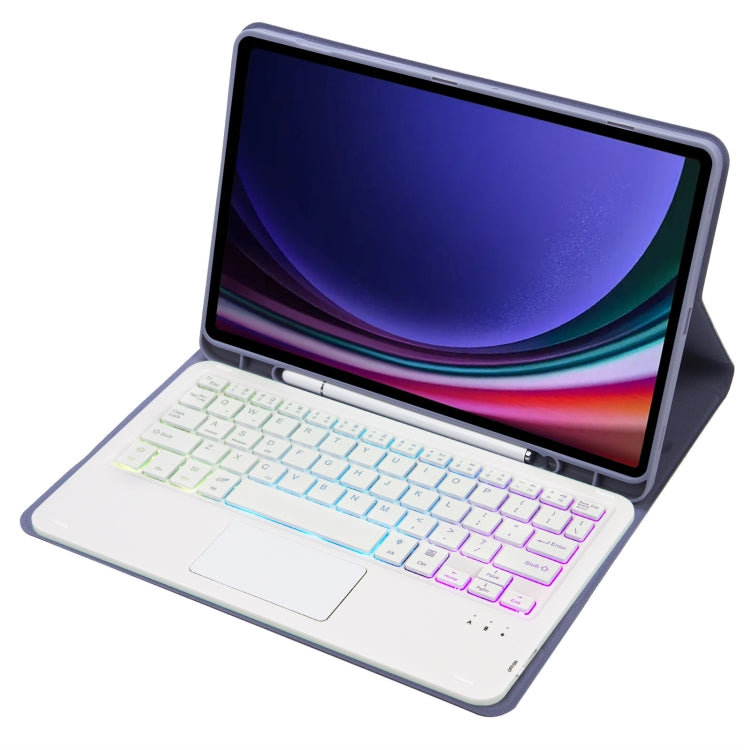 For Samsung Galaxy Tab S9 FE Candy Color Touch Backlight Bluetooth Keyboard Leather Tablet Case with Pen Holder(Purple)