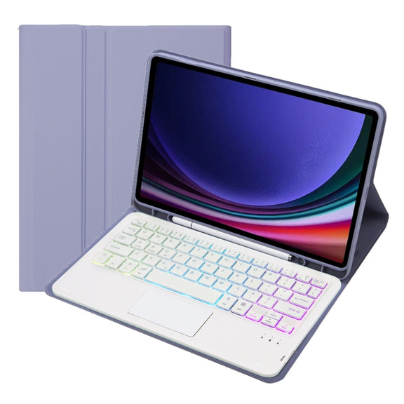 For Samsung Galaxy Tab S9 FE Candy Color Touch Backlight Bluetooth Keyboard Leather Tablet Case with Pen Holder(Purple)