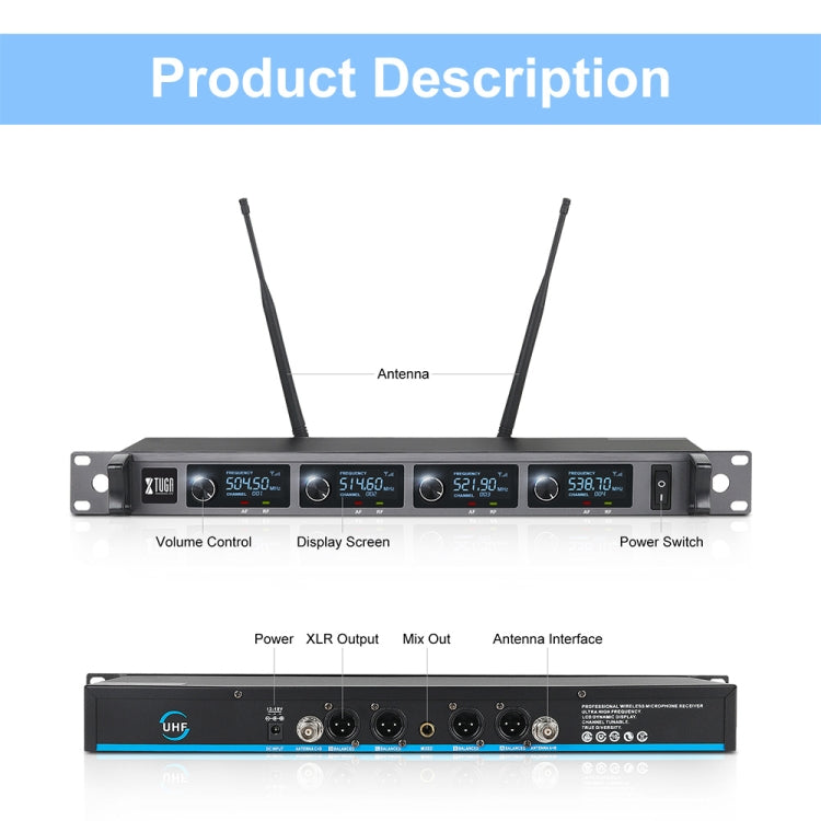 XTUGA A140-H Wireless Microphone System 4 Channel UHF Handheld Microphone(US Plug)