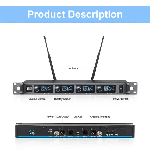 XTUGA A140-H Wireless Microphone System 4 Channel UHF Handheld Microphone(US Plug)
