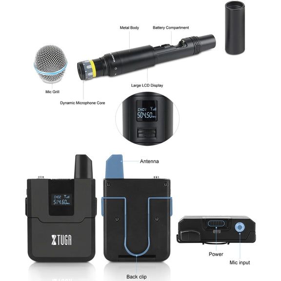 XTUGA A140-H Wireless Microphone System 4 Channel UHF Handheld Microphone(US Plug)