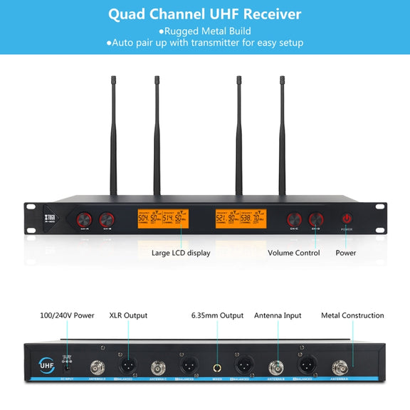 XTUGA A400-HB Professional 4-Channel UHF Wireless Microphone System with 2 Handheld & 2 Headset Microphone(US Plug)