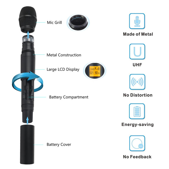 XTUGA A400-HB Professional 4-Channel UHF Wireless Microphone System with 2 Handheld & 2 Headset Microphone(US Plug)