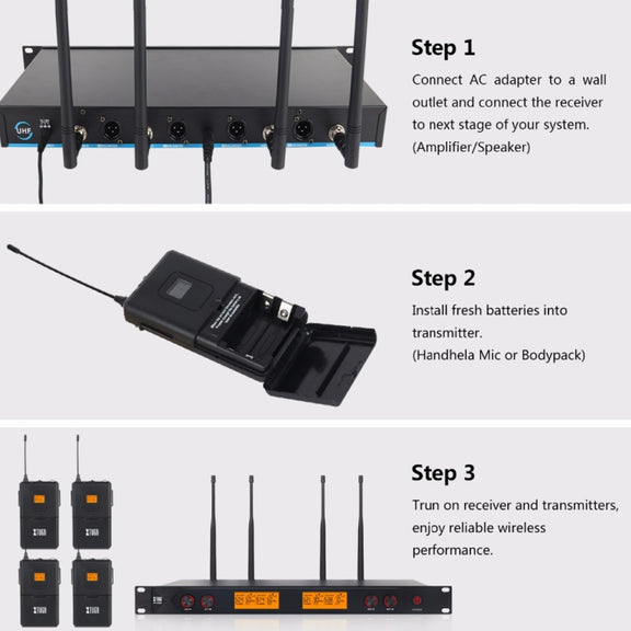 XTUGA A400-HB Professional 4-Channel UHF Wireless Microphone System with 2 Handheld & 2 Headset Microphone(US Plug)