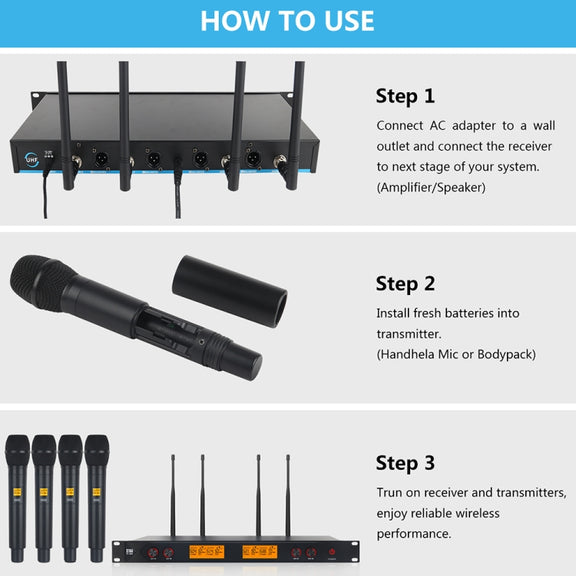 XTUGA A400-H Professional 4-Channel UHF Wireless Microphone System with 4 Handheld Microphone(UK Plug)