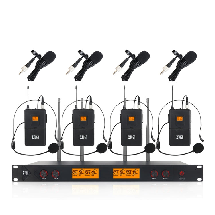 XTUGA A400-B Professional 4-Channel UHF Wireless Microphone System with 4 BodyPack Lavalier Headset Microphone(EU Plug)