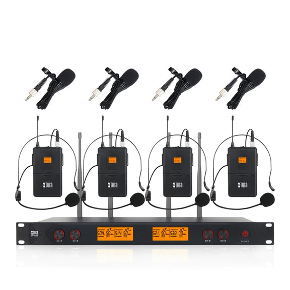 XTUGA A400-B Professional 4-Channel UHF Wireless Microphone System with 4 BodyPack Lavalier Headset Microphone(EU Plug)