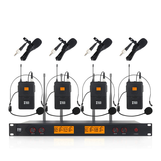 XTUGA A400-B Professional 4-Channel UHF Wireless Microphone System with 4 BodyPack Lavalier Headset Microphone(AU Plug)