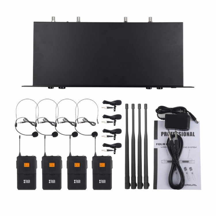 XTUGA A400-B Professional 4-Channel UHF Wireless Microphone System with 4 BodyPack Lavalier Headset Microphone(EU Plug)