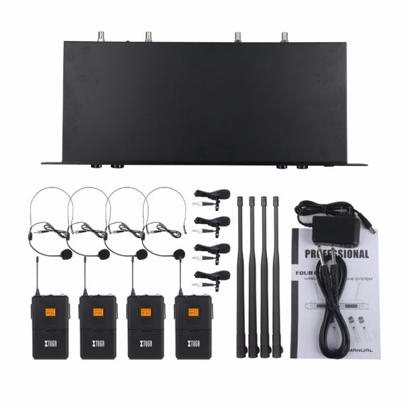 XTUGA A400-B Professional 4-Channel UHF Wireless Microphone System with 4 BodyPack Lavalier Headset Microphone(EU Plug)