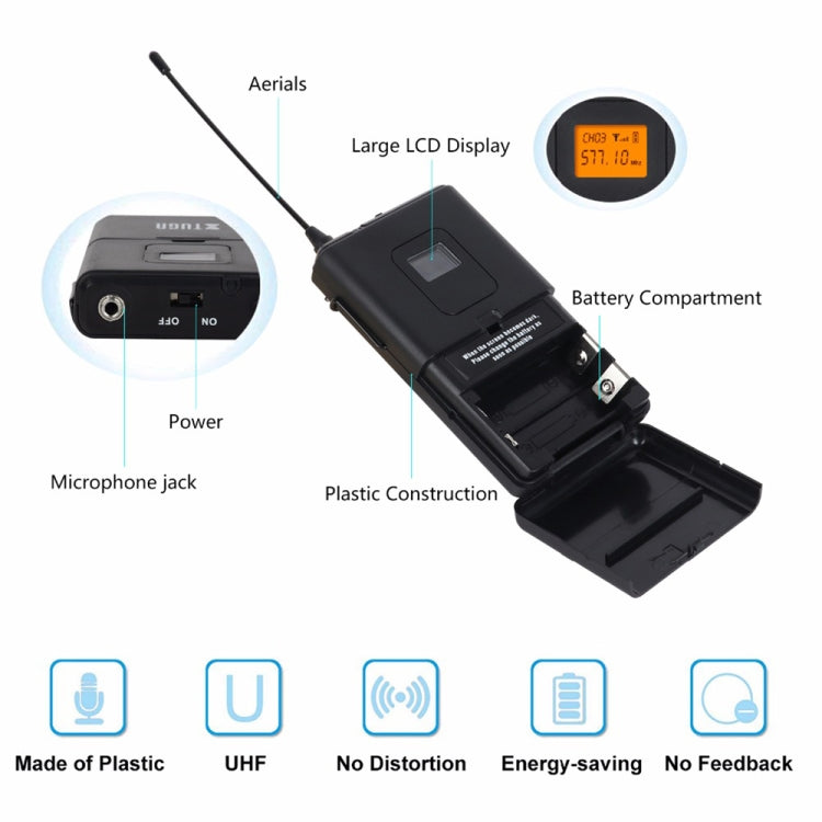 XTUGA A400-B Professional 4-Channel UHF Wireless Microphone System with 4 BodyPack Lavalier Headset Microphone(EU Plug)
