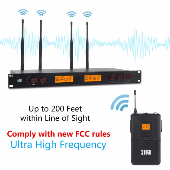 XTUGA A400-B Professional 4-Channel UHF Wireless Microphone System with 4 BodyPack Lavalier Headset Microphone(EU Plug)