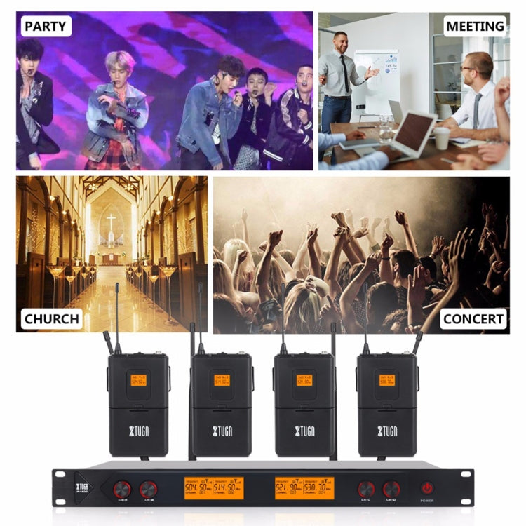 XTUGA A400-B Professional 4-Channel UHF Wireless Microphone System with 4 BodyPack Lavalier Headset Microphone(EU Plug)