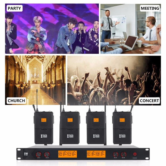 XTUGA A400-B Professional 4-Channel UHF Wireless Microphone System with 4 BodyPack Lavalier Headset Microphone(AU Plug)
