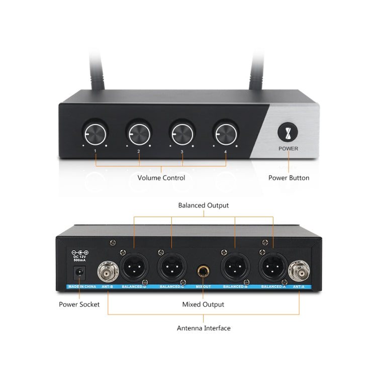XTUGA S400 Professional 4-Channel UHF Wireless Microphone System with 4 Handheld Microphone(US Plug)