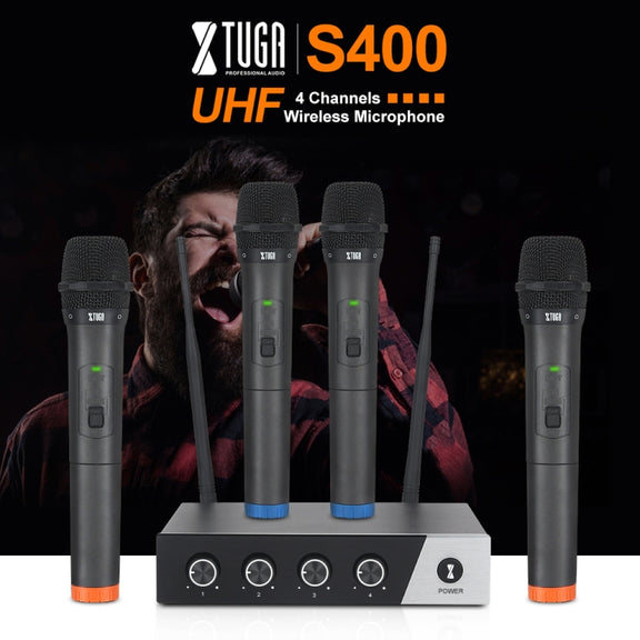 XTUGA S400 Professional 4-Channel UHF Wireless Microphone System with 4 Handheld Microphone(UK Plug)