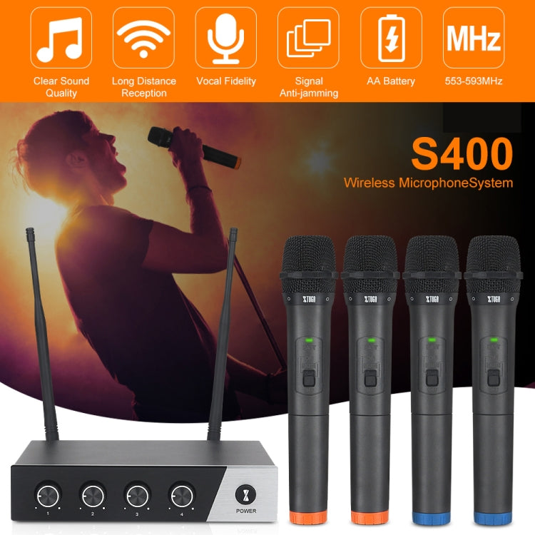 XTUGA S400 Professional 4-Channel UHF Wireless Microphone System with 4 Handheld Microphone(US Plug)