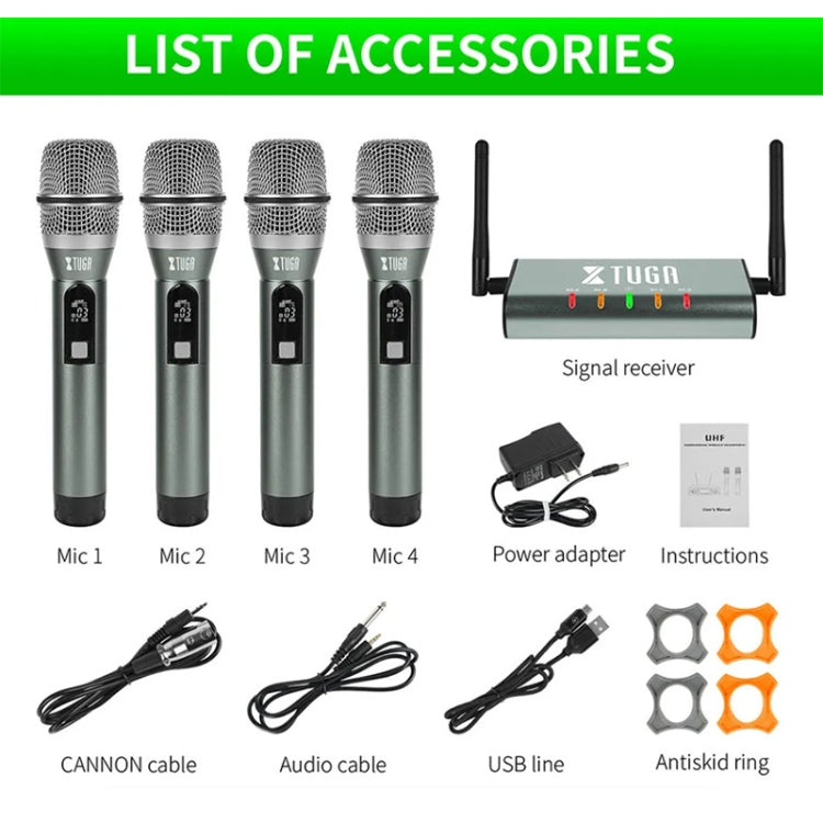XTUGA U-F4600 Professional 4-Channel UHF Wireless Microphone System with 4 Handheld Microphone(UK Plug)