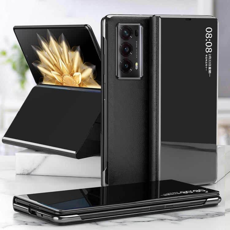 For Honor Magic V2 Electroplated Mirror Protective Phone Case with Holder(Black)