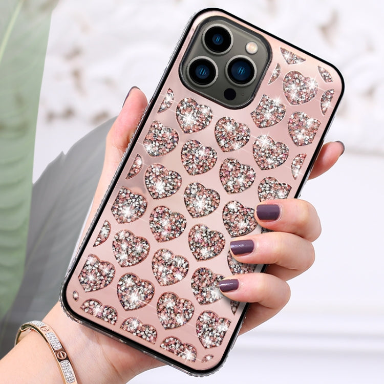For iPhone 14 Pro Max Love Hearts Diamond Mirror TPU Phone Case(Rose Gold)