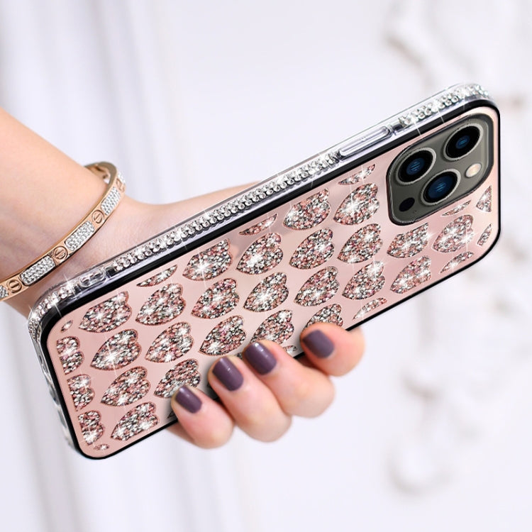 For iPhone 14 Pro Max Love Hearts Diamond Mirror TPU Phone Case(Rose Gold)
