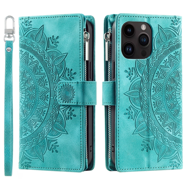 For iPhone 16 Pro Max Multi-Card Totem Zipper Leather Phone Case(Green)