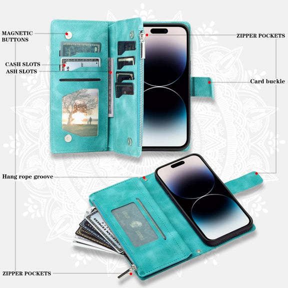 For iPhone 16 Pro Max Multi-Card Totem Zipper Leather Phone Case(Green)