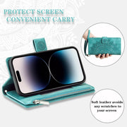 For iPhone 16 Pro Max Multi-Card Totem Zipper Leather Phone Case(Green)