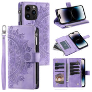 For iPhone 16 Pro Multi-Card Totem Zipper Leather Phone Case(Purple)