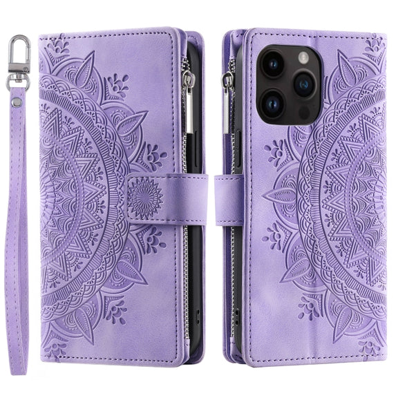 For iPhone 16 Pro Multi-Card Totem Zipper Leather Phone Case(Purple)