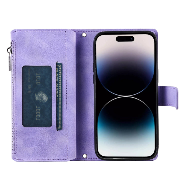 For iPhone 16 Pro Multi-Card Totem Zipper Leather Phone Case(Purple)