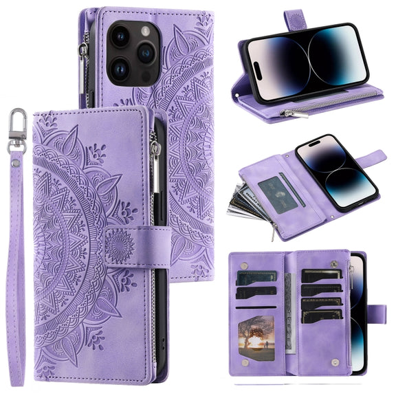 For iPhone 16 Pro Multi-Card Totem Zipper Leather Phone Case(Purple)
