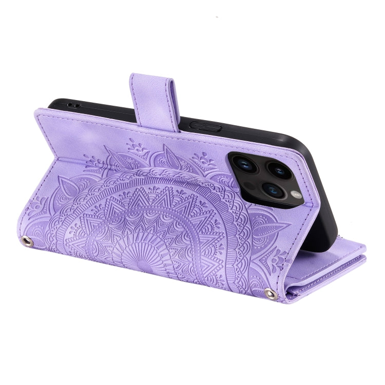For iPhone 16 Pro Multi-Card Totem Zipper Leather Phone Case(Purple)