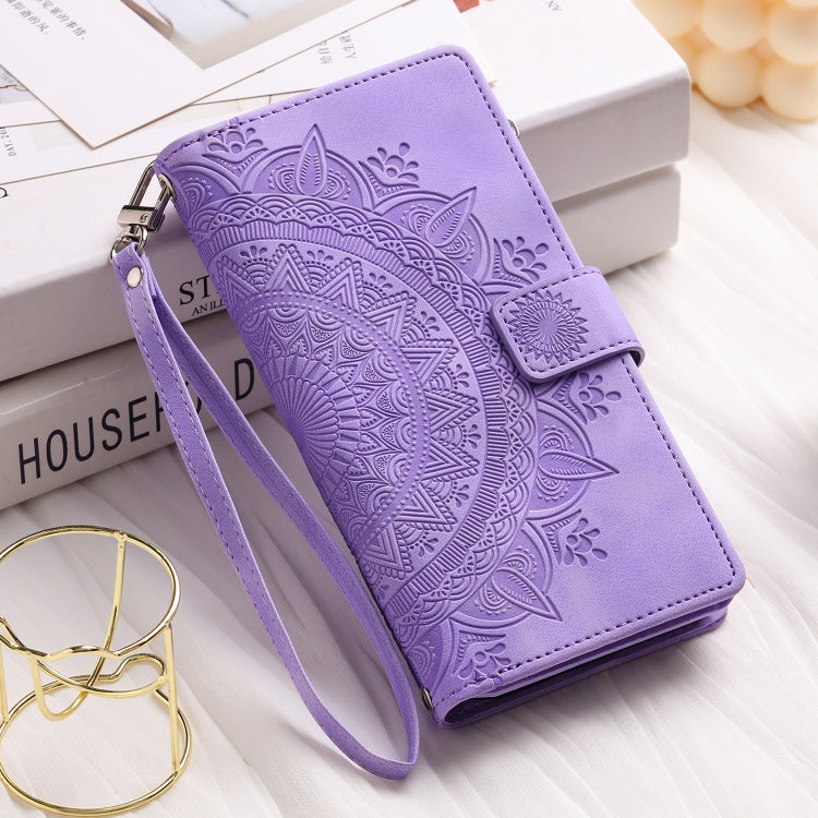 For iPhone 16 Plus Multi-Card Totem Zipper Leather Phone Case(Purple)