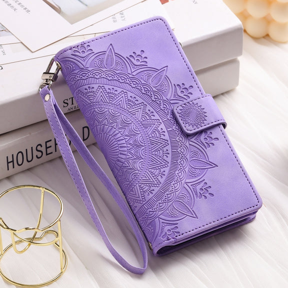 For iPhone 16 Plus Multi-Card Totem Zipper Leather Phone Case(Purple)
