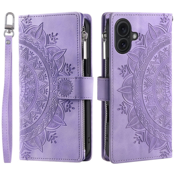 For iPhone 16 Plus Multi-Card Totem Zipper Leather Phone Case(Purple)