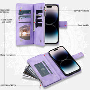 For iPhone 16 Plus Multi-Card Totem Zipper Leather Phone Case(Purple)