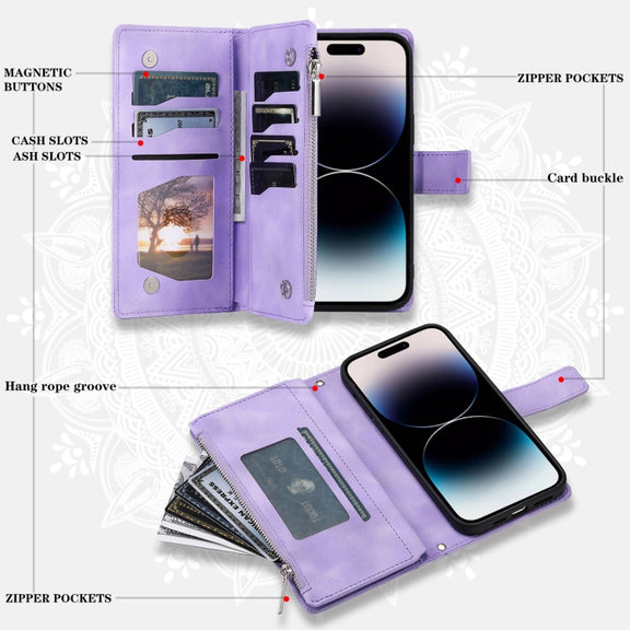 For iPhone 16 Plus Multi-Card Totem Zipper Leather Phone Case(Purple)