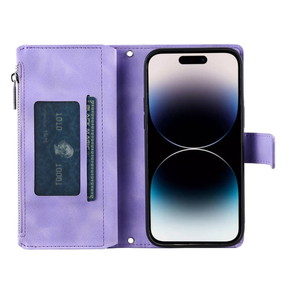 For iPhone 16 Plus Multi-Card Totem Zipper Leather Phone Case(Purple)