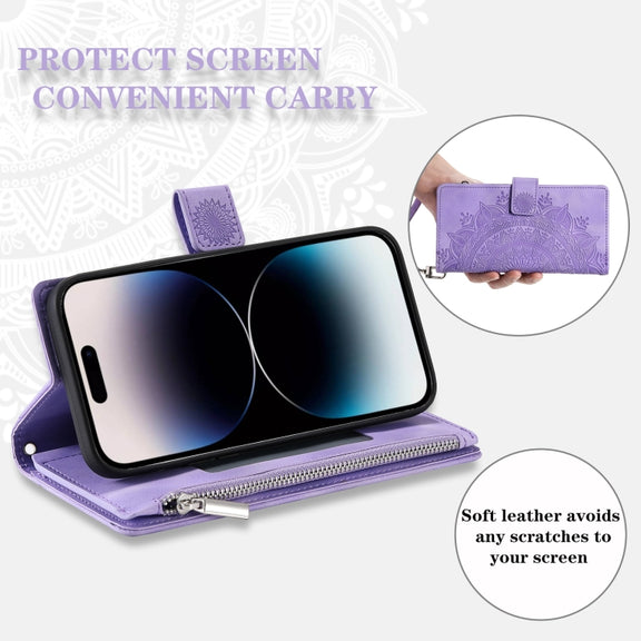 For iPhone 16 Plus Multi-Card Totem Zipper Leather Phone Case(Purple)