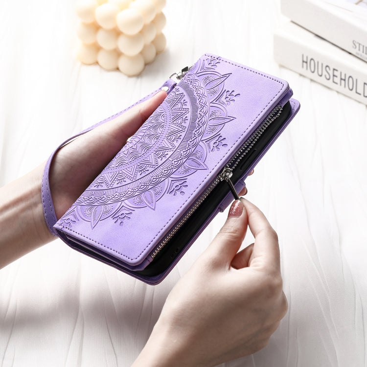 For iPhone 16 Plus Multi-Card Totem Zipper Leather Phone Case(Purple)