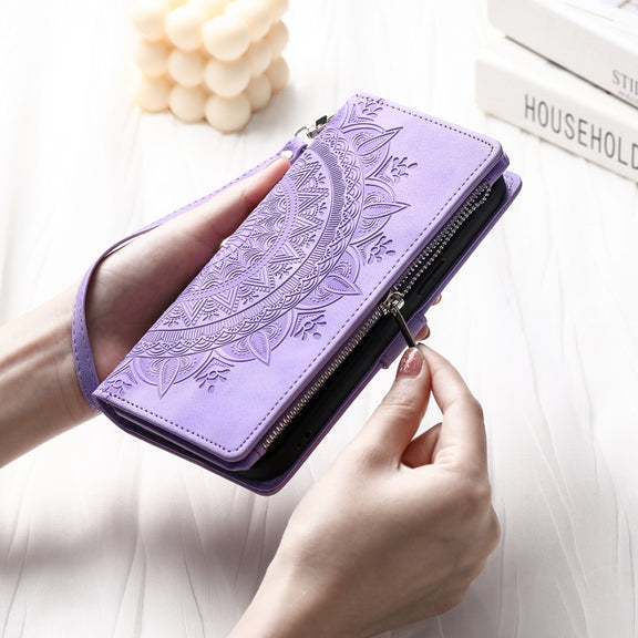 For iPhone 16 Plus Multi-Card Totem Zipper Leather Phone Case(Purple)