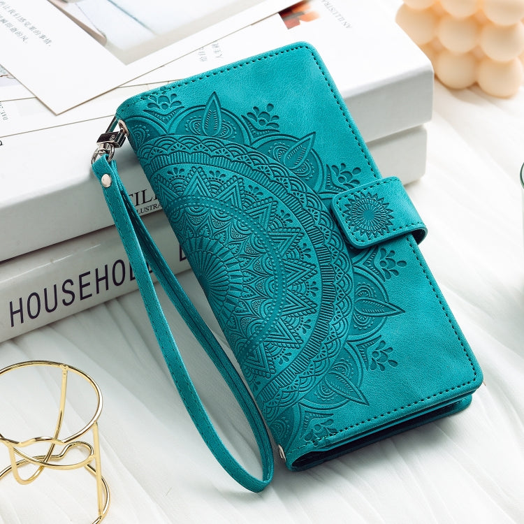 For iPhone 16 Multi-Card Totem Zipper Leather Phone Case(Green)