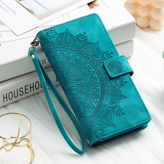 For iPhone 16 Multi-Card Totem Zipper Leather Phone Case(Green)