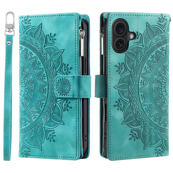 For iPhone 16 Multi-Card Totem Zipper Leather Phone Case(Green)